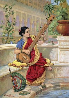 a painting of a woman playing the sitar