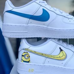 Custom Painted Nike Air Force 1s Minion Design W/ Banana Swoosh Hand Painted With Angelus Leather Paint Sealed And Finished With Angelus Finisher Waterproof & Scratch Resistant Colors Can Be Adjusted All Sizes Available (Men’s, Women’s & Kids) Processing Time : 2-3 Weeks Follow And Dm My Custom Sneakers Ig: @_lacedbylee For $30-50 Discount Minion Design, Painted Nike Air Force, Nike Shoes Custom, Minion Shoes, Air Force One Shoes, Nike Shoes Women Fashion