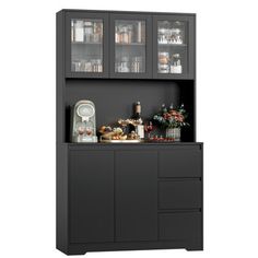 a black cabinet with glass doors and shelves filled with bottles, glasses and other items