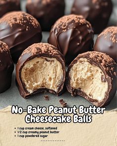 chocolate covered peanut butter cheesecake balls with the words, no - bake peanut butter cheesecake balls