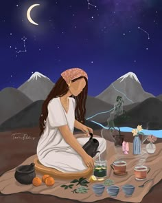 a painting of a woman sitting on the ground in front of some pots and bowls