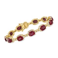 Ross-Simons - 19.00ct t. w. Ruby, .21ct t. w. Diamond Bracelet Over Sterling. 7". Dress up any plain outfit with a fabulous bracelet. 19.00 ct. t. w. rectangular cushion-cut rubies that boast a ravishing red hue and .21 ct. t. w. round diamonds and milgrain detailing in white rhodium comprise this glitzy bracelet. Set in 18kt yellow gold over sterling silver. Double-latch safety. Box clasp, diamond and ruby bracelet. Ruby birthstones are the perfect gift for July birthdays. Elegant Red Gold Bracelet For Formal Occasions, Classic Red Diamond Bracelet For Formal Occasions, Classic Red Diamond Bracelet For Formal Events, Elegant Red Diamond Bracelet For Formal Occasions, Elegant Red Bracelets With Diamond Accents, Elegant Red Bracelet With Diamond Accents, Gold Ruby Bracelets Fine Jewelry, Luxury Round Ruby Bracelets, Luxury Ruby Elegant Bracelet