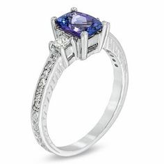 Cushion-Cut Tanzanite and 1/4 CT. T.W. Diamond Engagement Ring in 14K White Gold | Engagement Rings | Wedding | Zales Antique Art Deco Jewelry, Tanzanite Engagement Ring, Tanzanite Necklace, Tanzanite Diamond Ring, Indie Jewelry, Tanzanite Diamond, Tanzanite Ring, Dream Engagement, Blue Tanzanite