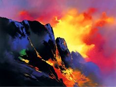 an abstract painting of mountains with colorful clouds