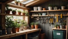 a room filled with lots of potted plants and gardening utensils hanging on the wall