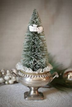 Teacup Christmas, Vintage Centerpiece, Bottle Trees, Silver Christmas Decorations, Vintage Rhinestone Necklace, Shabby Tree