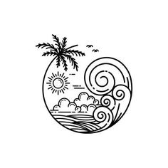 a black and white drawing of an ocean scene with waves, palm trees and the sun