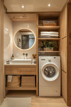 a washer and dryer in a bathroom with wooden shelves on either side of the sink