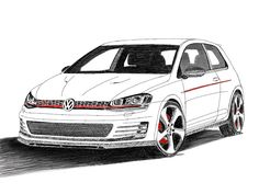 a drawing of a white car with red stripes on the front and side bumpers