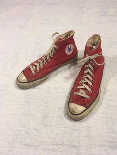 "1980s Converse Chuck Taylor hi-tops made in USA red canvas extra stitch good vintage condition, light wear label size 12 measures, insole-11 3/4\" sole-12 1/2\" width-4\" height-6\"" Vintage Red Mid-top Sneakers, Vintage Red Sneakers With Round Toe, Retro Cotton High-top Sneakers With Round Toe, Vintage High-top Sneakers With Vulcanized Sole, Vintage Cotton High-top Sneakers With Rubber Sole, Vintage Cotton Lace-up High-top Sneakers, Retro Red High-top Sneakers With Vulcanized Sole, Vintage Canvas Shoes With Rubber Sole For Streetwear, Retro Mid-top Cotton Canvas Shoes