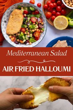 There are two images. The top images shows some chopped mediterranean salad in a bowl with some air fried halloumi on top. The bottom shows two hands pulling apart a piece of warm air fried halloumi. Fried Halloumi Cheese, Classic Greek Salad, Salad Chopped, Fried Halloumi, Halloumi Cheese, Mediterranean Salad, Easy Lunch Recipes