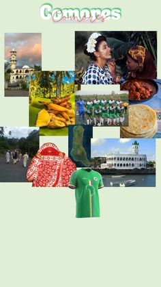 the collage shows pictures of different people and places in green, blue, white and red