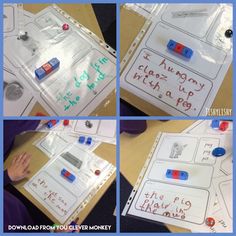 four images show the process of making an activity for children to play with letters and numbers