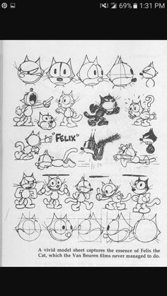 an old book with cartoon cats and kittens drawn on the pages in black and white