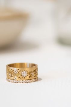 #rings #finejewelry #bands #sethicouture Embedded Stone Ring, Good Band Wedding Ring, Fun Wedding Bands, Stackable Wedding Bands For Women, Ring Stacks Mixed Metal, Wedding Band Ideas For Oval Ring, Gold Unique Rings, Unique Engagement Ring Stacks, Bohemian Wedding Ring