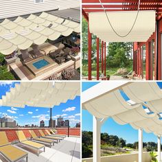 four different views of an outdoor patio with sun shades and lounge chairs on the deck