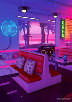 the interior of a restaurant with neon lights and palm trees on the wall behind the booth