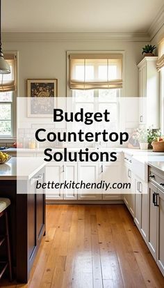 a large kitchen with white cabinets and wooden floors is featured in the article budget countertop solutions