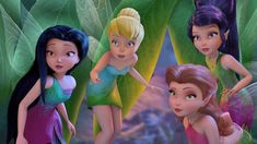 the three fairy princesses are standing next to each other in front of green leaves