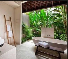 a bathroom with a bathtub, ladder and plants in the shower area next to it