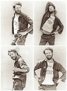 four different shots of a man with his hands on his hips, standing in front of a brick wall