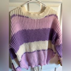 Multi Colored Purple Sweater From Shein! Shein Sweater, Multicolor Sweater, Off Shoulder Sweater, Purple Sweater, Shoulder Sweater, White Sweaters, Monster High, Color Purple, Multi Colored