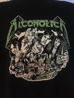 the back of a black shirt with an image of people and alcohol bottles on it