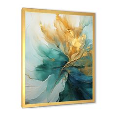 an abstract painting with gold and blue colors on a white background, framed in wood frame