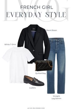 Graphic of black blazer with loafers, denim, and white tee. French Girl Style Aesthetic, French Outfits For Women, Preppy Women Outfits, Classic Casual Outfits For Women, French Casual Style, Closet Journal, French Chic Outfits, Parisian Outfit, How To Have Style