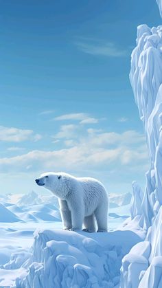 a polar bear standing on top of a snow covered mountain