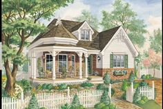 this is an artist's rendering of a small house in the country side yard