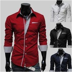 Colored Cuff Button-Up Shirt Men's Dress Shirts, Men Fashion Casual Shirts, Slim Fit Dress Shirts, Mens Formal, Mens Casual Dress, Slim Fit Dresses, Business Shirts, Red Shirt, Formal Shirts