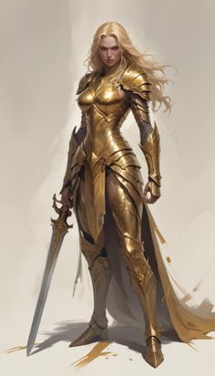 Women Battle Armor, Female Asgardian Armor, Female Armour Art, Aelin Armor, Paladin Armor Dnd, Gold Armor Aesthetic, Female Armor Art, Warrior Goddess Art, Female Paladin Dnd