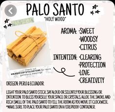 the ingredients for palo santo are shown here