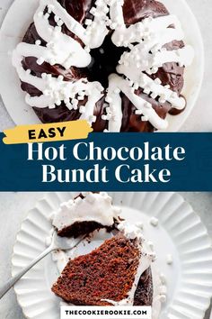 chocolate bundt cake on a white plate with the words, easy hot chocolate bundt cake