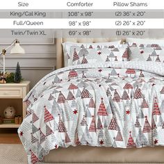 the size and measurements of a bed with christmas trees printed on it, along with two pillow shampoos