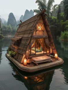 a house made out of bamboo floating on top of water