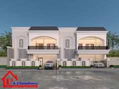 two story house with balconies and cars parked in the driveway next to it