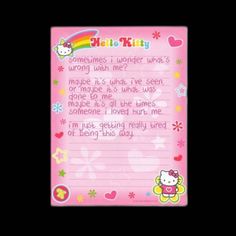 a pink hello kitty notepad with the words hello kitty on it