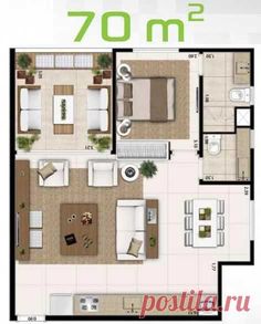 the floor plan of a two bedroom apartment in 70m2 square feet, with an open kitchen and living room