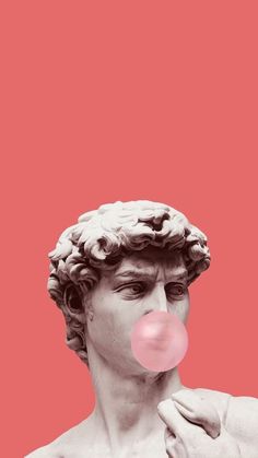 a statue with a bubble in it's mouth next to a pink background that says,