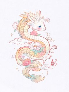 a drawing of a dragon with flowers on it