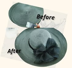 two hats with the words before and after on them, one has a large bow at the top