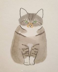 a drawing of a cat with green eyes sitting in front of a white wall and looking at the camera