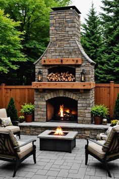 an outdoor fireplace with chairs around it