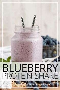 blueberry protein shake in a mason jar