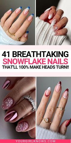 Snowflake Nails French Tip, Snowflake Nails Short, French Tip Winter Nails, Red Snowflake Nails, Red And Silver Nails, Christmas Snowflakes Nails, French Bleu, Snowflake Nail Design