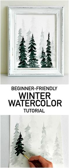 an easy and fun winter watercolor art project for beginners to learn how to paint trees