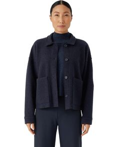 Eileen Fisher Classic Collar Jacket | Zappos.com Cozy Relaxed Fit Outerwear With Buttons, Cozy Outerwear With Buttons And Relaxed Fit, Cozy Wool Outerwear With Pockets, Relaxed Fit Winter Outerwear With Button Cuffs, Casual Wool Outerwear With Buttoned Pockets, Casual Wool Coat With Button Cuffs For Fall, Cozy Buttoned Outerwear For Work, Relaxed Fit Wool Outerwear With Button Closure, Wool Outerwear With Button Closure And Relaxed Fit