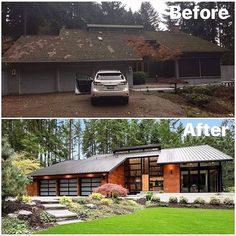 before and after photos of a modern house with metal roof, garage door, and front porch